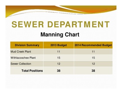 [SEWER DEPARTMENT: Manning Chart; Division Summary; 2013 Budget; 2014 Recommended Budget; Total Positions; 38; 38]