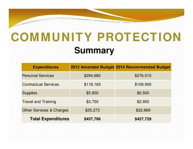 [COMMUNITY PROTECTION: Summary; Expenditures; 2013 Amended Budget 2014 Recommended Budget; Total Expenditures; $457,766 $427,729]