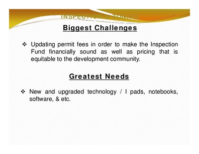 [INSPECTION & ZONING: Biggest Challenges; Greatest Needs]