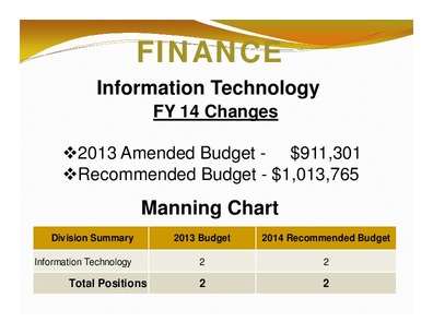 [FINANCE: Information Technology; FY 14 Changes; Manning Chart; 2013 Budget; 2014 Recommended Budget; Total Positions; 2; 2]