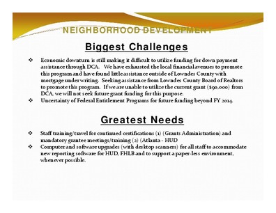 [NEIGHBORHOOD DEVELOPMENT: Biggest Challenges; Greatest Needs]