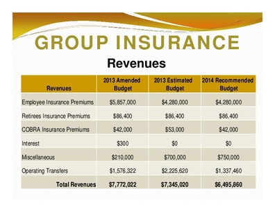 [GROUP INSURANCE: Revenues; 2013 Amended; 2013 Estimated; 2014 Recommended; Revenues; Budget; Budget; Budget; Total Revenues; $7,772,022; $7,345,020; $6,495,860]
