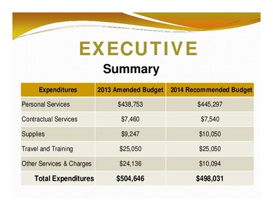[EXECUTIVE: Summary; Expenditures; 2013 Amended Budget 2014 Recommended Budget; Total Expenditures; $504,646; $498,031]