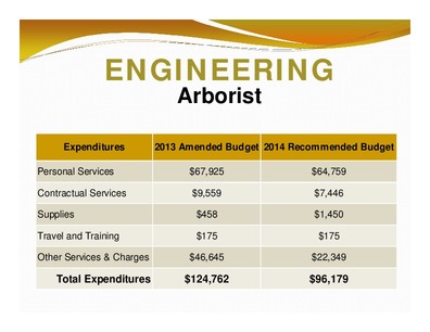 [ENGINEERING: Arborist; Expenditures; 2013 Amended Budget 2014 Recommended Budget; Total Expenditures; $124,762; $96,179]