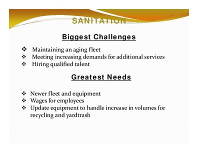 [SANITATION: Biggest Challenges; Greatest Needs]