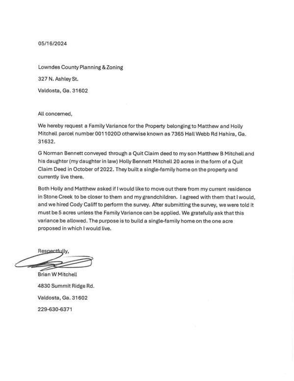 Request for Family Variance from Brian W Mitchell