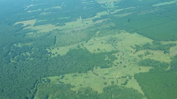 W from New River across Howard mine site, Five Mile Creek, SW 48th Path, CR 18A, Flying Tiger Field upper left, 09:53:40, 29.946217, -82.347775