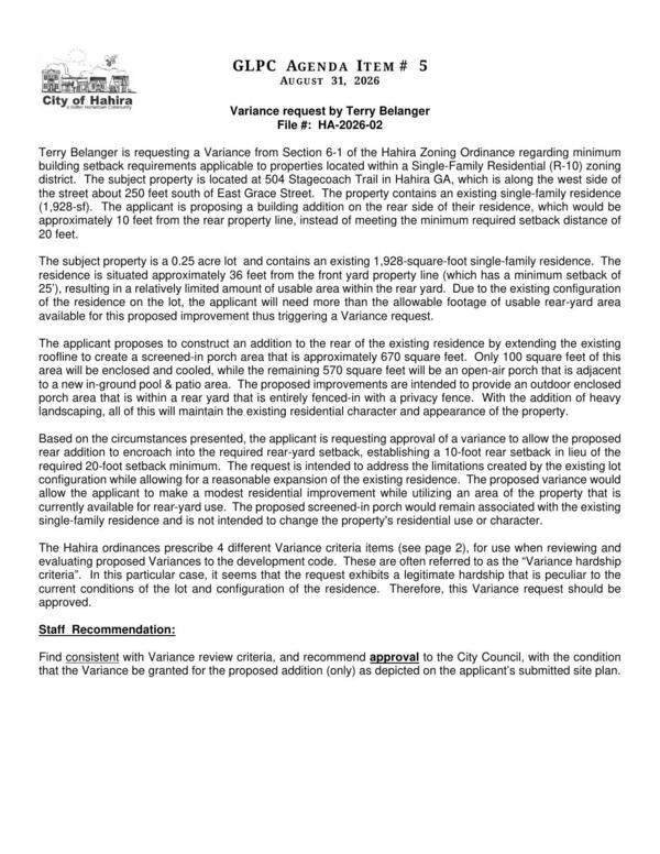 [proposing a building addition on the rear side of their residence, which would be approximately 10 feet from the rear property line, instead of meeting the minimum required setback distance of 20 feet.]