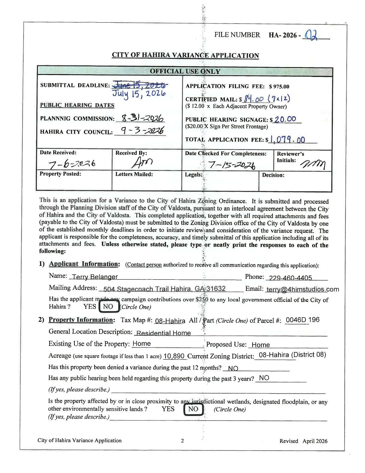 CITY OF HAHIRA VARIANCE APPLICATION