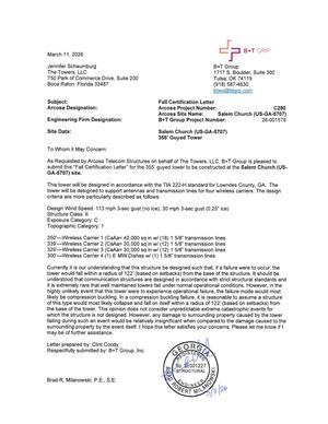 [B=T Group is pleased to submit this “Fall Certification Letter” for the 355’ guyed tower to be constructed at the Salem Church (US-GA-5707) site.]